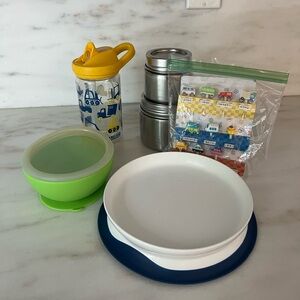 Lunchbots insulated Stainless Steel Food Containers, OXO plate, camelback bottle